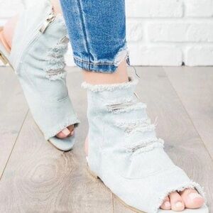 Distressed Light Blue Denim Open-Toe Booties
